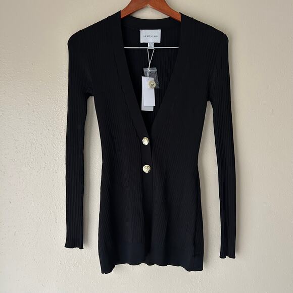 Jason Wu Black Long Sleeve V-Neck Button Front Ribbed Cardigan Size XS - Picture 5 of 13